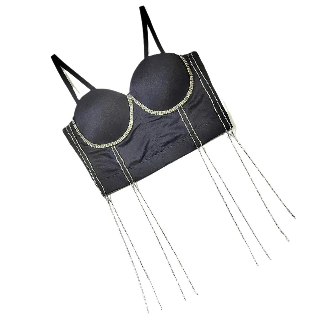 Sexy Rocker Chic Fishbone Bustier Top - Rhinestone Fringe Corset for Clubbing & Stage Performances Chains Tassel Waist Trainer