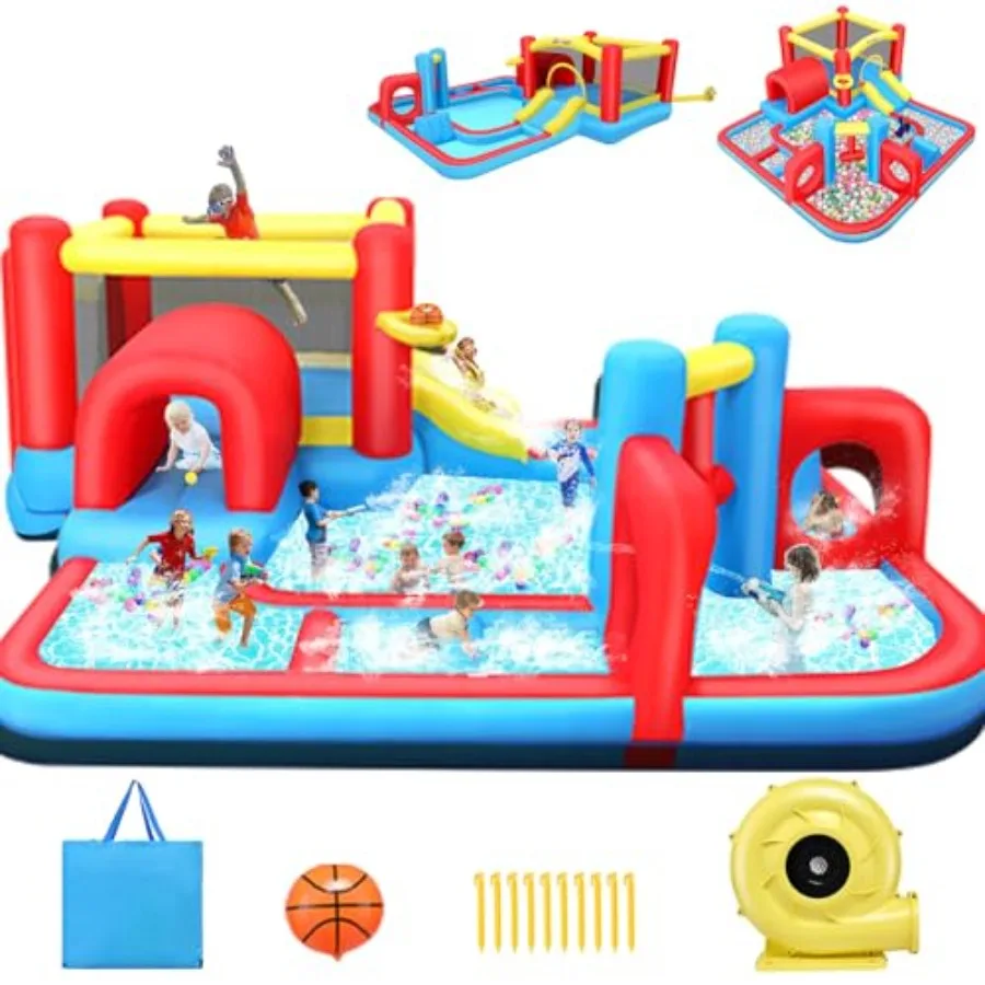 

8-в-1 Bounce House Water Slide Поле препятствий для синего мульти-стрибующего дома размером 14,3x14,3 фута с площадкой для прыжков Кормы препятствий