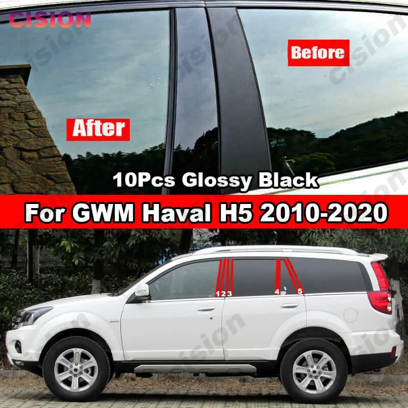 For GWM Hover Haval H5 2010-2020 Glossy Black Mirror Effect Window Door Column B C Pillars Post Cover Trim Carbon Fiber Sticker