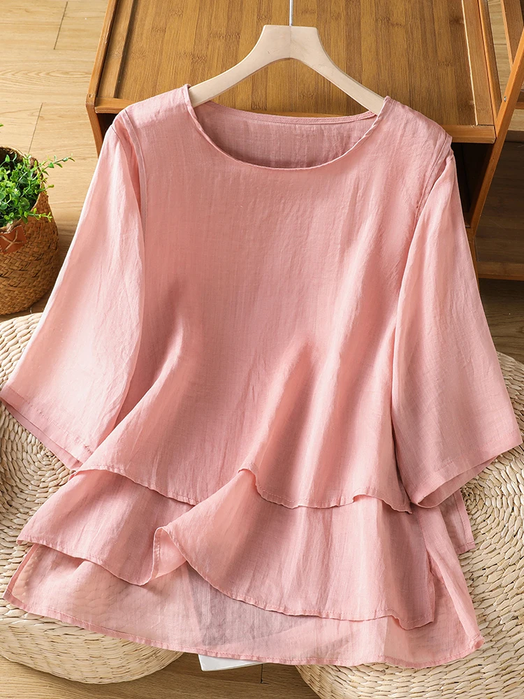 Casual Style Women's Shirt Fake Two-Piece Side Button Midi Sleeve Double Layer Hem Cotton Summer Top Loose Fit T-Shirt
