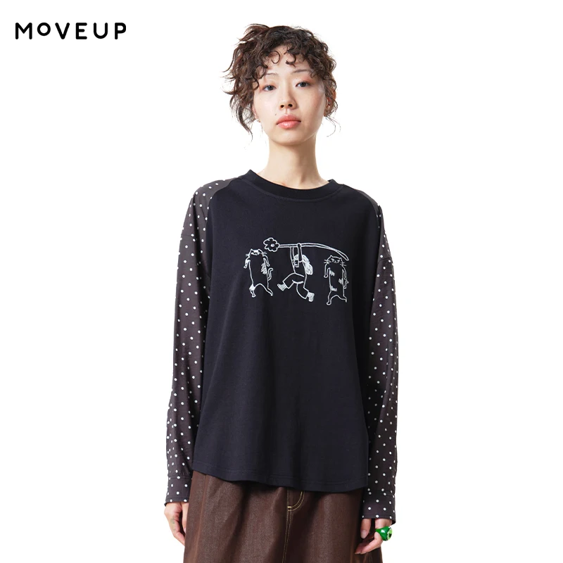 MOVEUP Polka Dot Spliced Raglan SleeveT-Shirt 2026 Autumn Cute Cartoon Cat Embroidery Tee Long Sleeve Loose Casual Top 3ELQ10516