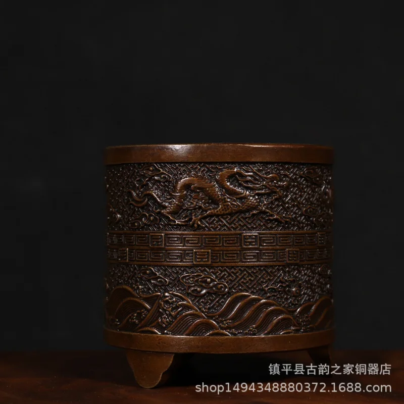 

Bronze Incense Burner Cylinder Style Dragon and Phoenix Ornament Office Living Room Shop Desktop Craft