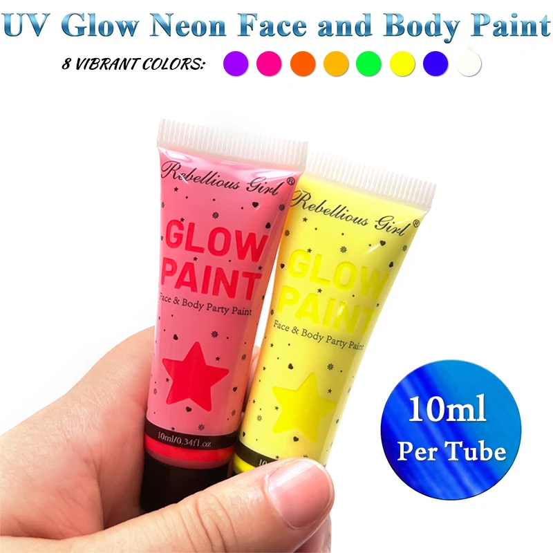 8 Uds. Pintura facial y corporal con brillo UV de 10ml, maquillaje fluorescente para fiestas para carnaval, discotecas, electroerosión, secado rápido y duradero