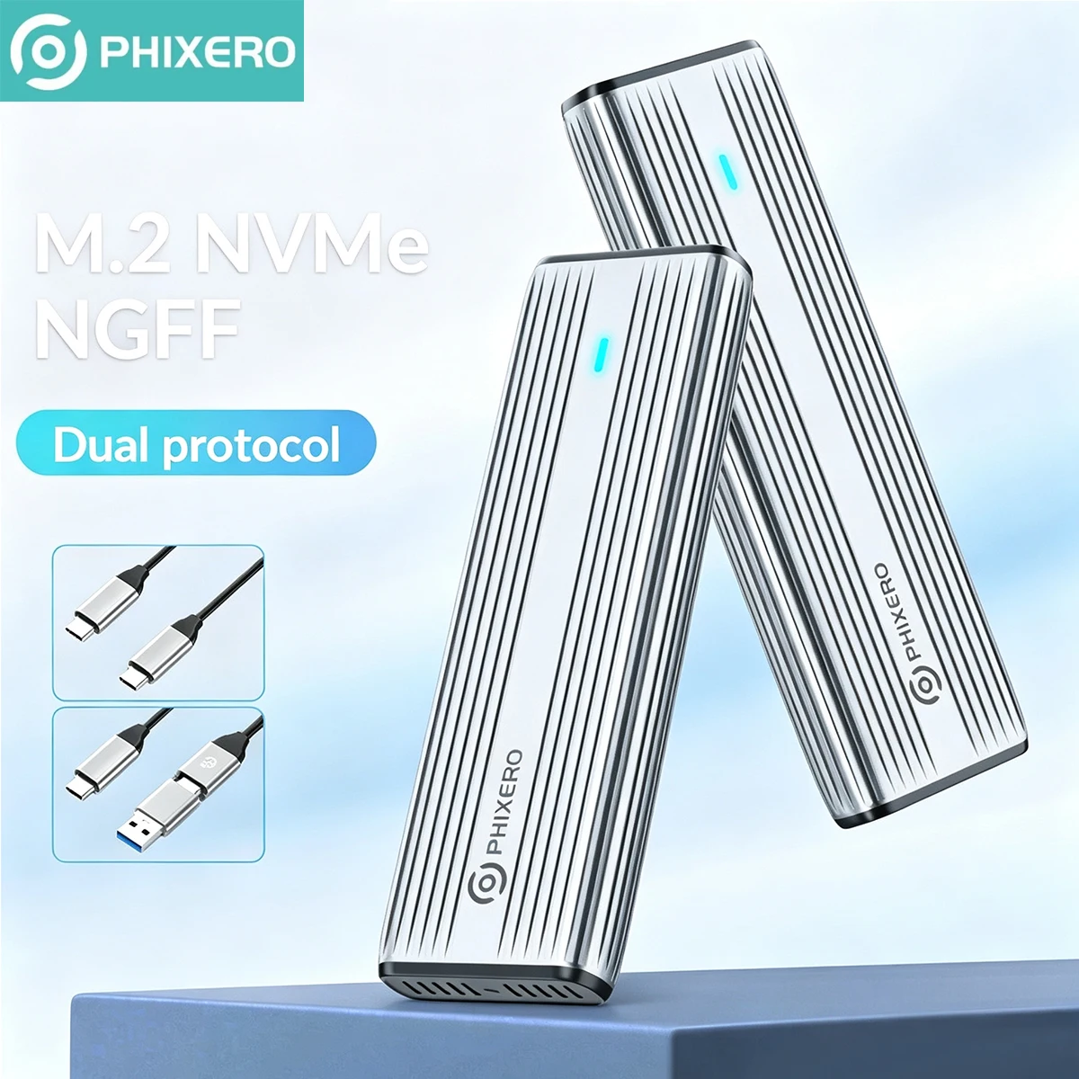 Case para SSD PHIXERO NVMe SATA M.2 para USB Tipo C, Adaptador Externo Dual Protocolo NVMe para USB 10Gbps USB 3.1 Gen2 USB C