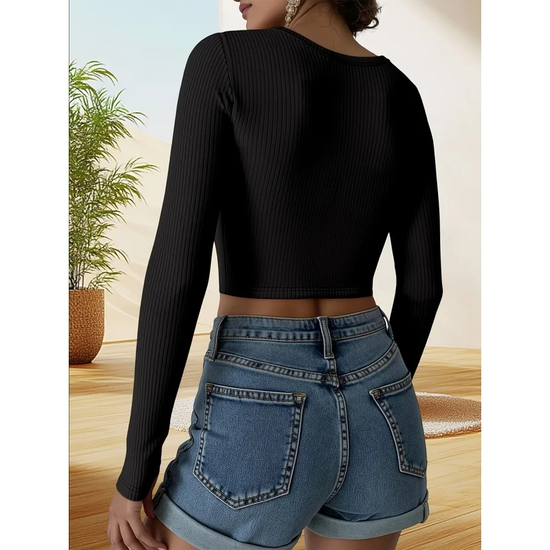 Women'S Pit Strip Large U-Neck Short Waist-Exposing Long-Sleeved Top, Slim And, Hot Style, Solid Color Base T-Shirt