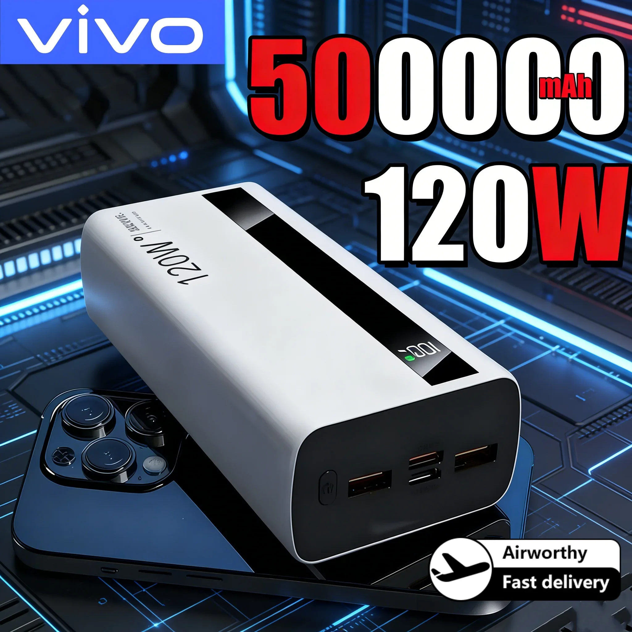 

VIVO 500000 мАч Power Bank большой емкости 120 Вт сверхбыстрая зарядка Powerbank портативный внешний аккумулятор для iPhone Samsung 2026Новинка