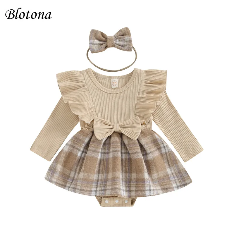 

Blotona Baby Girl 2Pcs Fall Outfits Ruffle Long Sleeve Plaid Print Skirt Romper with Headband Set Infant Clothes 0-18Months