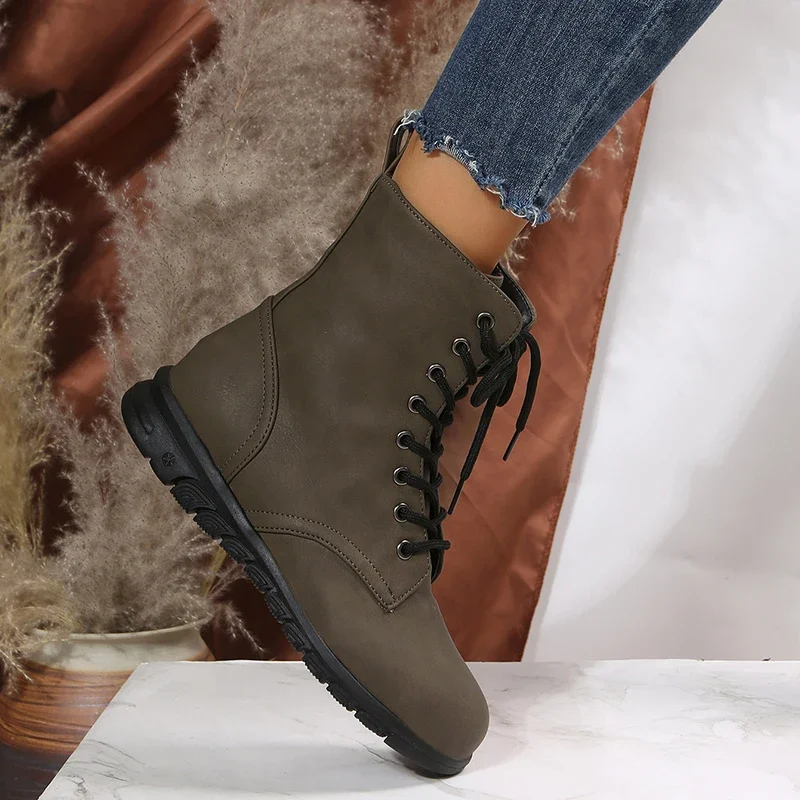 2024  Low Heels Ankle Boots Women Plus Size Side Zipper Short Booties Woman New Autumn Winter Lace Up Shoes Female 43