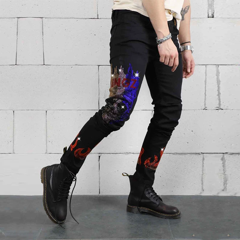 Uomo strass Hole Y2k Denim Pencil Pants Mans Stretchy Jeans neri Skinny Slim Fit Hot Drill Punk Streetwear Biker Pants