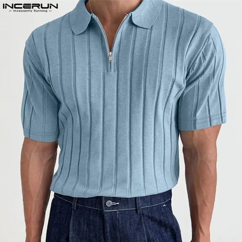 INCERUN Tops 2024 Korean Style Men Solid Knitted Collar Design Shirts Casual Streetwear Male Short Sleeved Zippered Blouse S-5XL