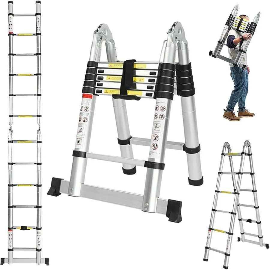 Aluminum Telescoping Ladder 12.5ft 6.2+6.2ft A Frame Folding Straight Portable Extension Heavy Duty Compact With Support Bar 33