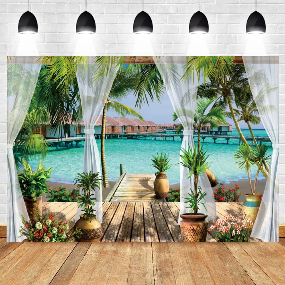 Фон для фотосъемки с изображением летнего побережья праздников зеленых ладоней балкона природного ландшафта фон для фотостудии