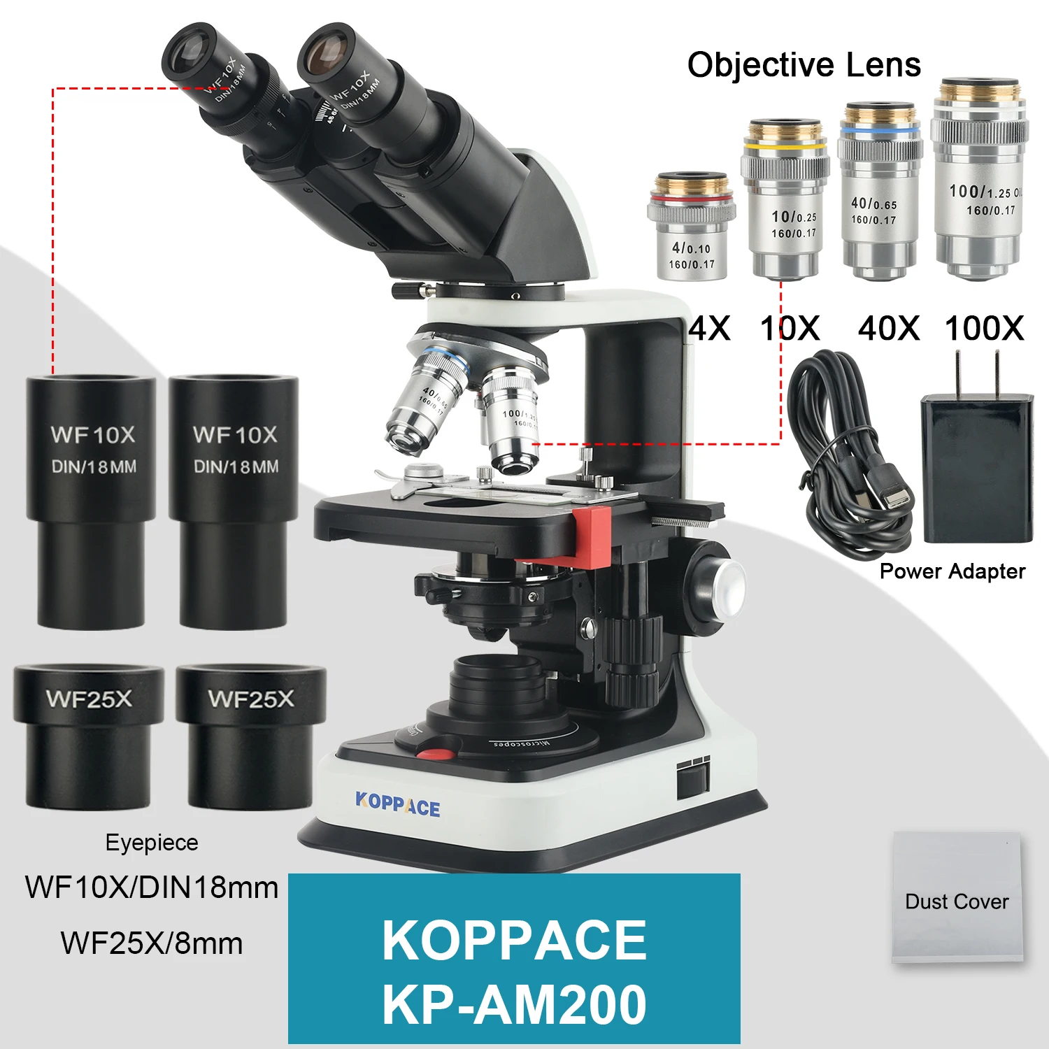 KOPPACE 40X-2500X Binocular Compound Lab Biological Microscope Flat Field Achromatic Objective