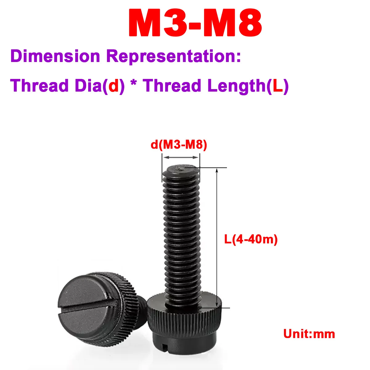 Black Nylon Round Head Slotted Hand Twisted Knurled Bolts M3M4M5M6