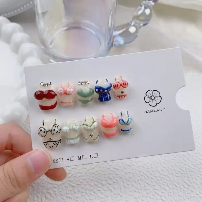 

Y2K милый мультфильм пресс на ногтях короткий 3D грибной купальник подвески красочные яркие накладные ногти многоразовые акриловые ногти для отпуска