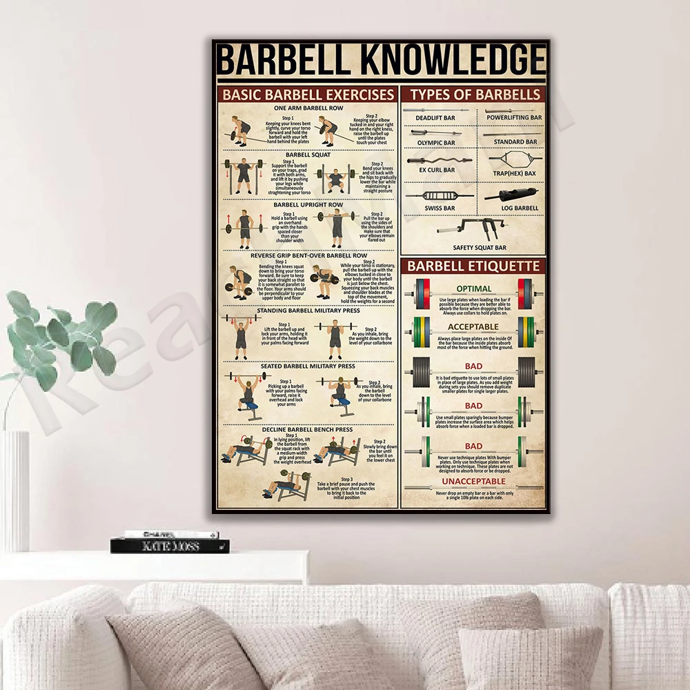 Cartel de conocimiento de barra, regalo para amantes de las pesas, arte de pared de barra, decoración de gimnasio, cartel deportivo, regalo de culturismo, levantador de pesas