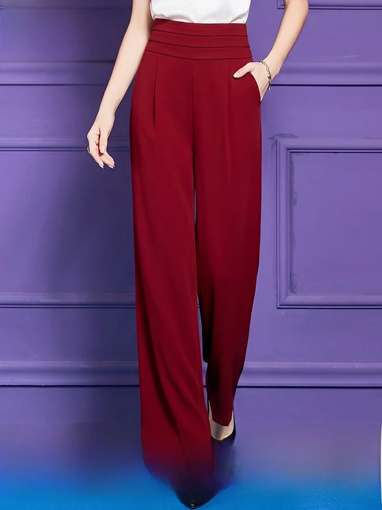 

Red High Waist Straight Leg Suit Pants Women's Summer Casual Trousers Commute Fashion Loose Wide Leg Pants FX．＆Mongyi