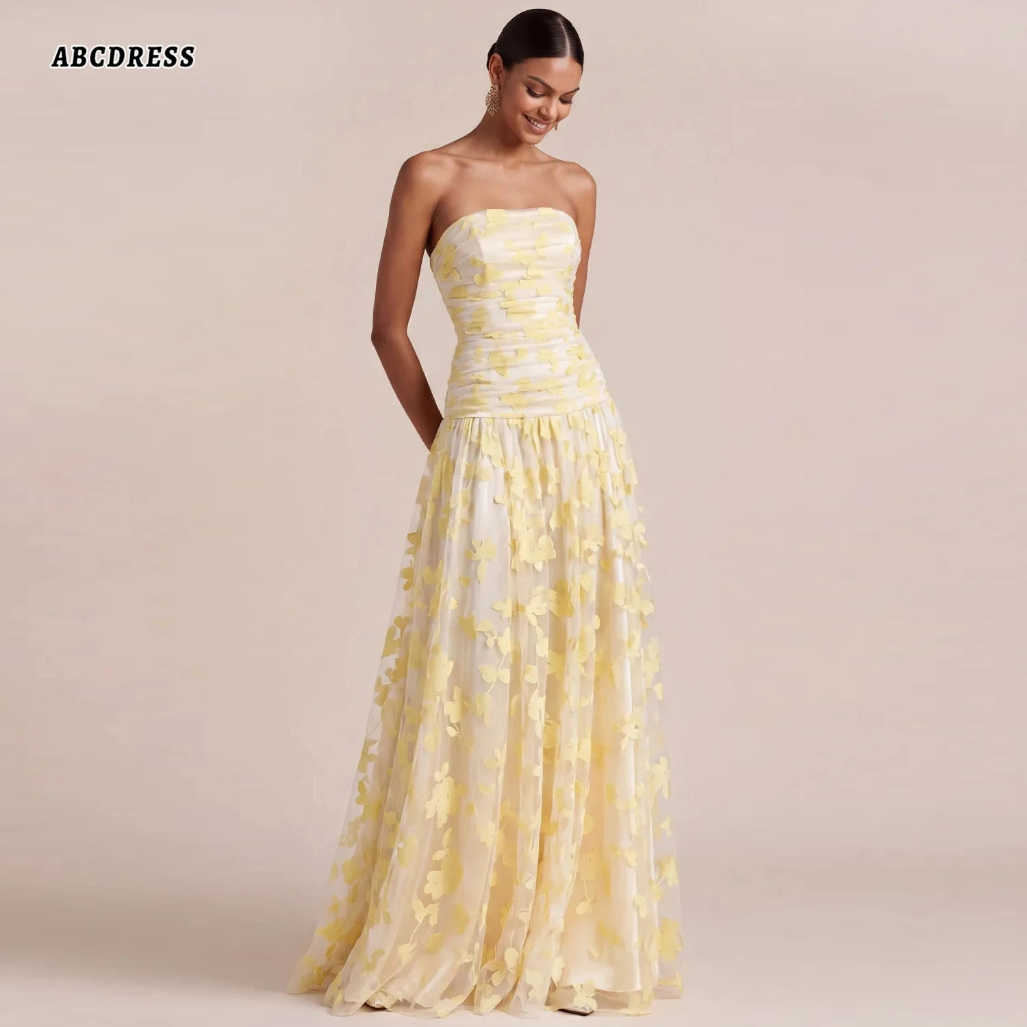 Customized Floral Embroidery Tulle Prom Party Dress Starpless Long Formal Evening Gown A Line Wedding Guest Dresses