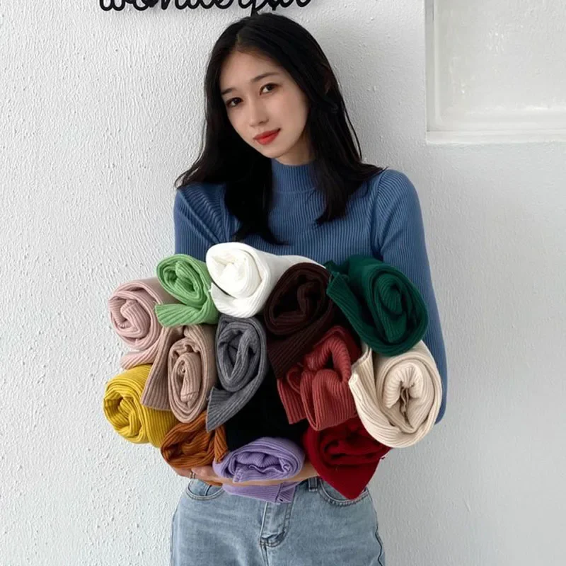 2026 Solid Base Layer Sweater Women Korean Fashion Office Lady Knitted Jumpers Autumn Winter Long Sleeve Mock Neck Pullovers