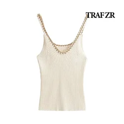 TRAF ZR Women's Tanks Stylish Women Summer Top 2024 Y2K Korean Style Sleeveless Shirt Thin Knit Elegant Beige Tanks & Camis