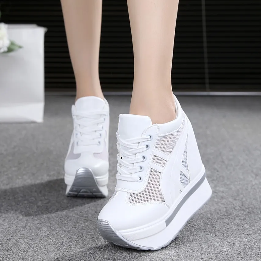 Women White Sneakers Hidden Wedge 10cm Height Increase Breathable Mesh Platform Versatile Casual Shoes Korean Style New