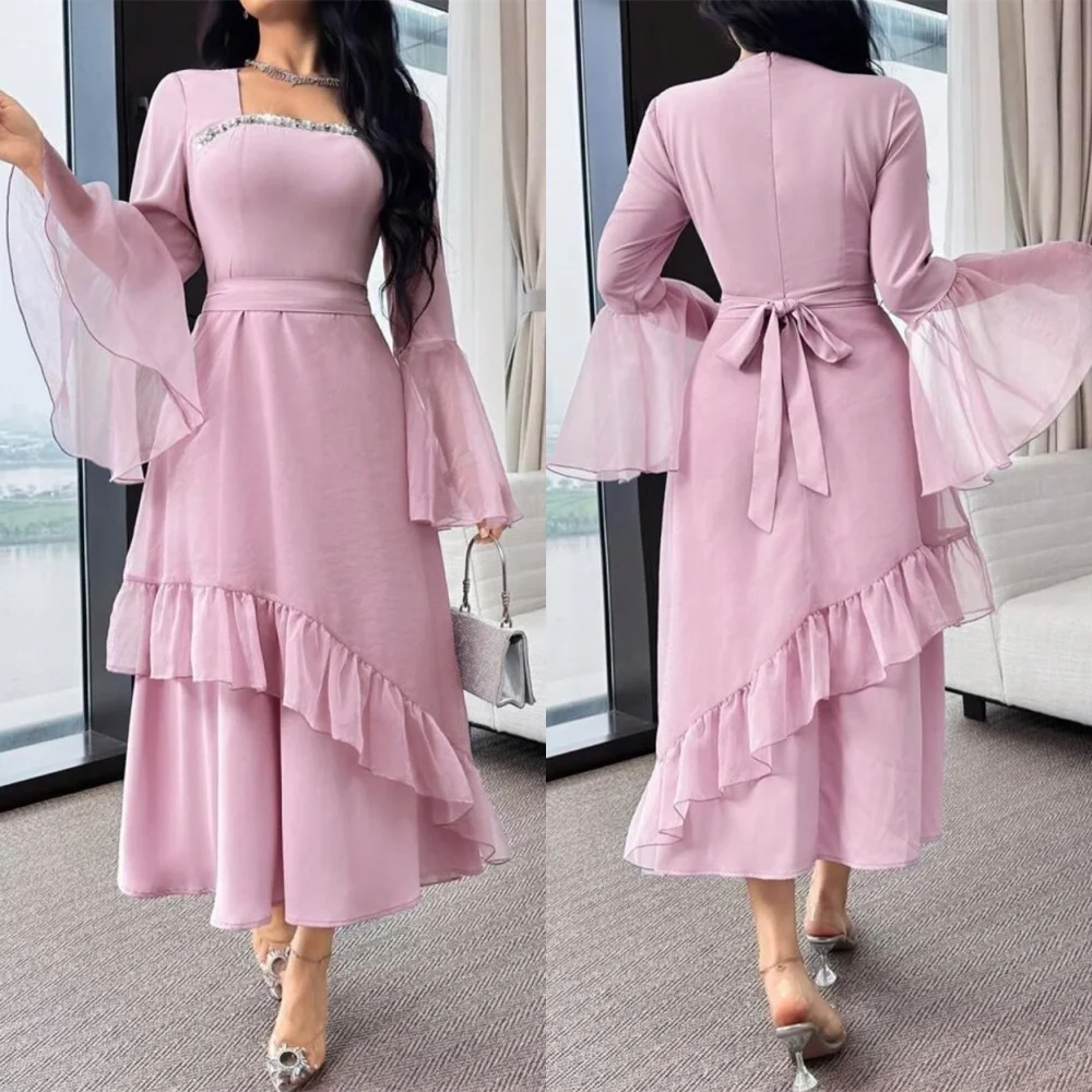 

Customized Delicate Pink Chiffon Evening Dress Classic Square Collar Flare Sleeves Long Sleeves Zipper Back Homecoming Dress
