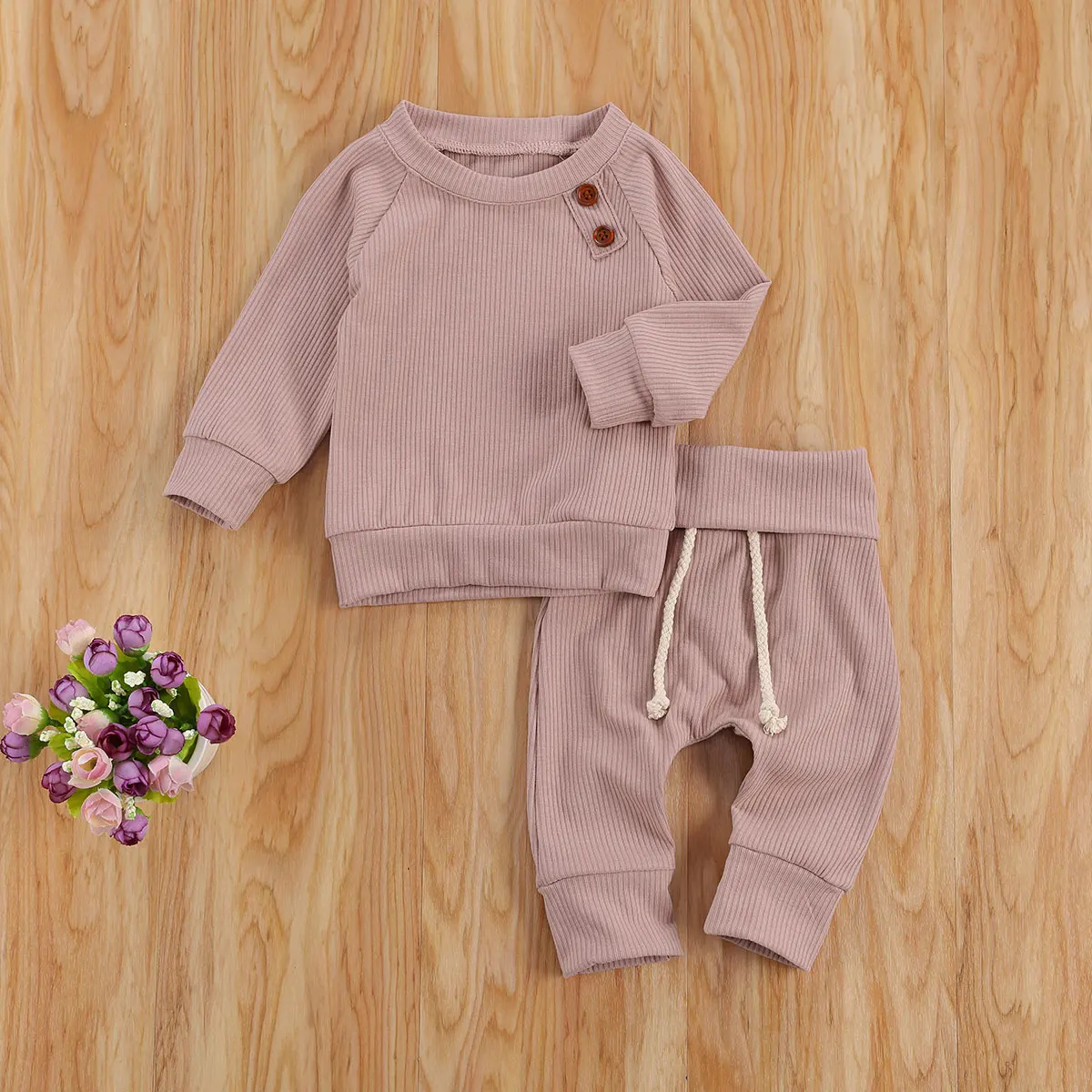 

Newborn Baby Autumn Clothes Set Solid Color Ribbed Knit Long Sleeve Tops+Drawstring Long Pants Infant 2Pcs Casual Outfits