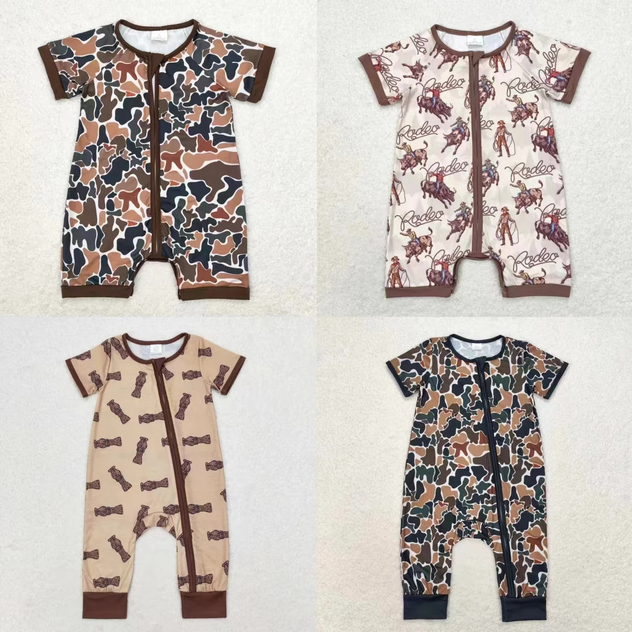 

Wholesale Baby Boy Camo Brown Romper Toddler Newborn Summer Short Sleeves Infant Kids Children Zipper One Piece Western Clothing