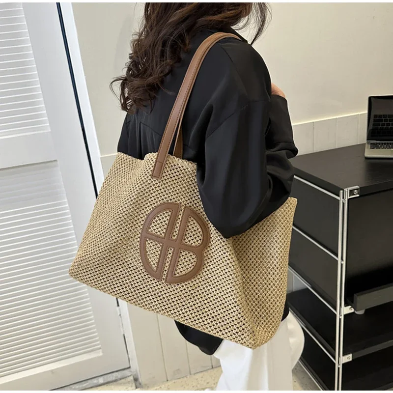 Straw Hollow Out Knitting Tote Bag Large Capacity Handmade Shoulder Handbag Women 2024 Designer Casual Beach Bag Ethnic Style