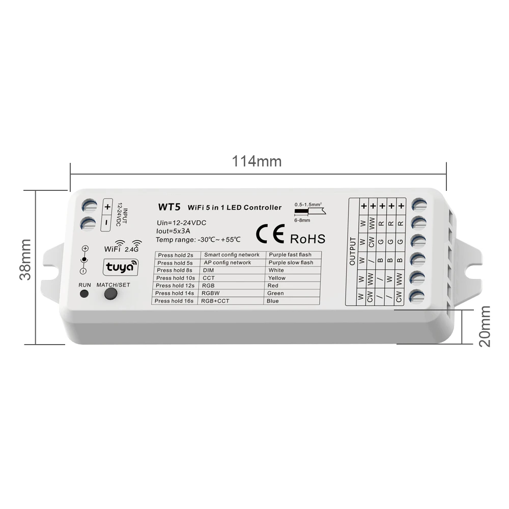 WT5 12 ~ 24V 3A Tuya Wifi + RF LED Strip Controller Dimmer 5-in-1 Mode per DIM CCT RGB RGBW RGBWC Remote APP Control regola