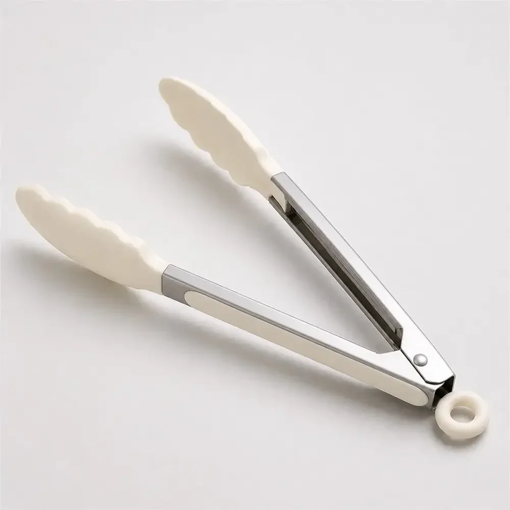 Kitchen Food Tongs White Silicone Tips Stainless Steel Arms Scalloped Gripping Ends Cooking Utensil Serving Salad Bread Pasta