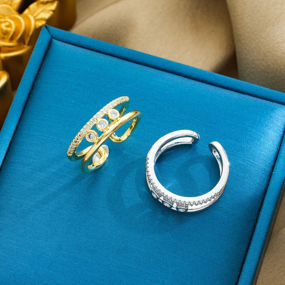 Двухслойное открытое кольцо с цирконом, универсальный женский модный легкий роскошный стиль, нишевый высококачественный дизайн
