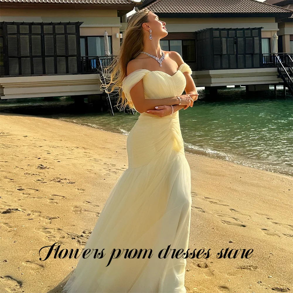 

Желтое вечернее платье с цветочным узором, открытыми плечами, фасон «русалка», из тюля, для выпускного вечера, простое, на заказ