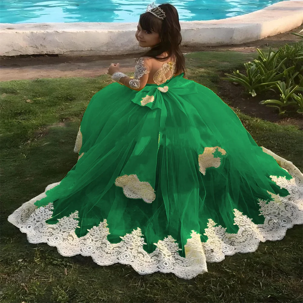 Verde esmeralda pageant vestidos da menina de flor appliqued colher pescoço mangas completas vestido princesa crianças longo vestido festa primeira comunhão