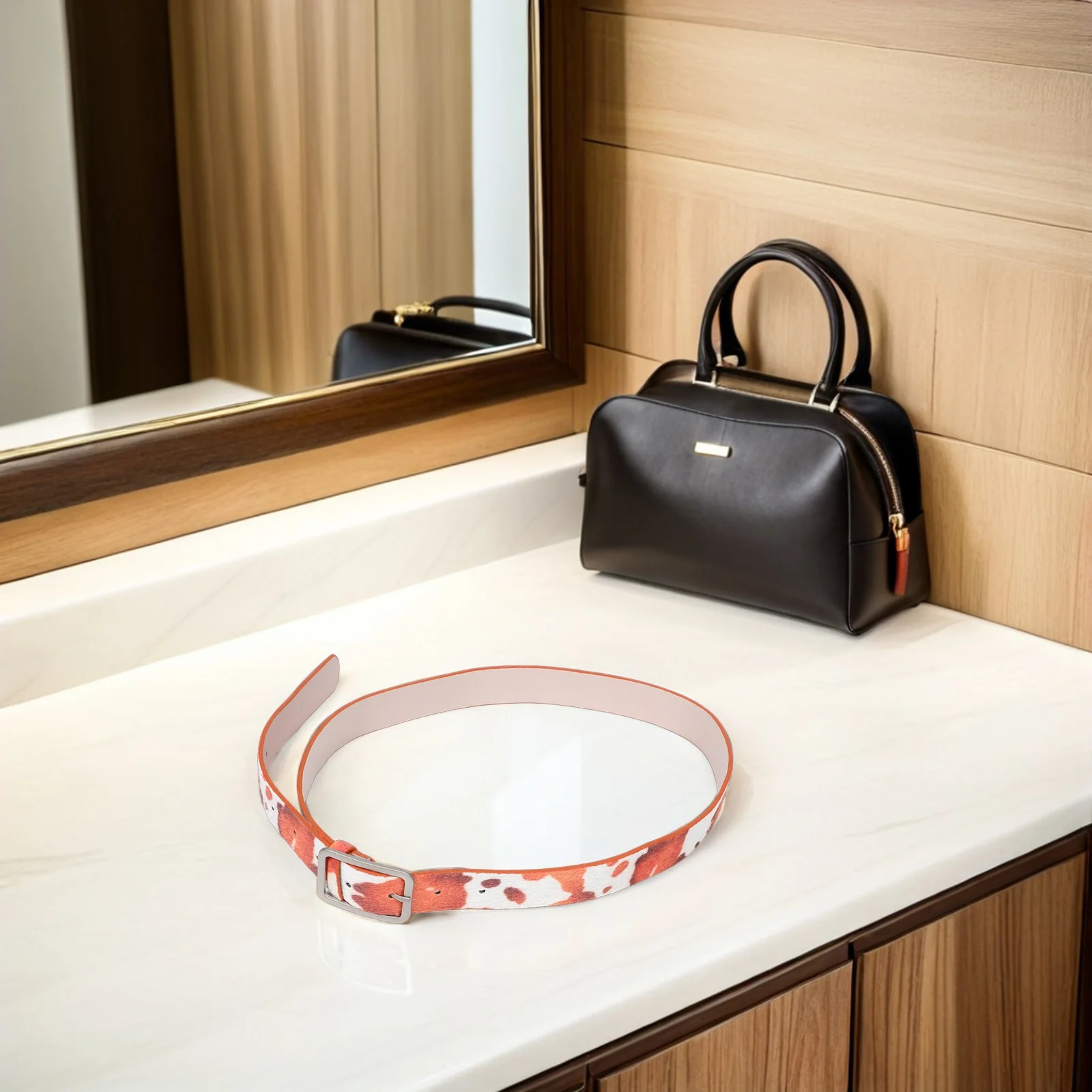 

Soft PU Cowprint Belt Skinny Waistband Adjustable Buckle Western Animal Print Belt for Jeans Dresses Animal Print Waistband