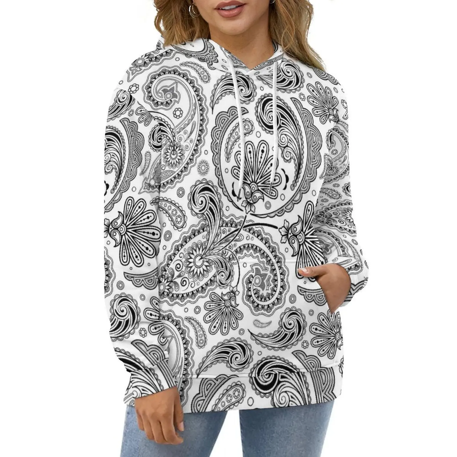 

Vintage Paisley Hoodies Black And White Harajuku Oversize Hoodie Female Long Sleeve Funny Design Casual Hooded Sweatshirts