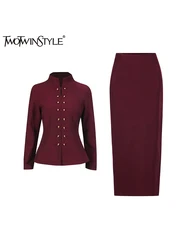 TWOTWINSTYLE Solid Spliced Button Two Piece Set For Women O Neck Long Sleeve Coat High Waist Slim Skirt Elegant Sets Female New
