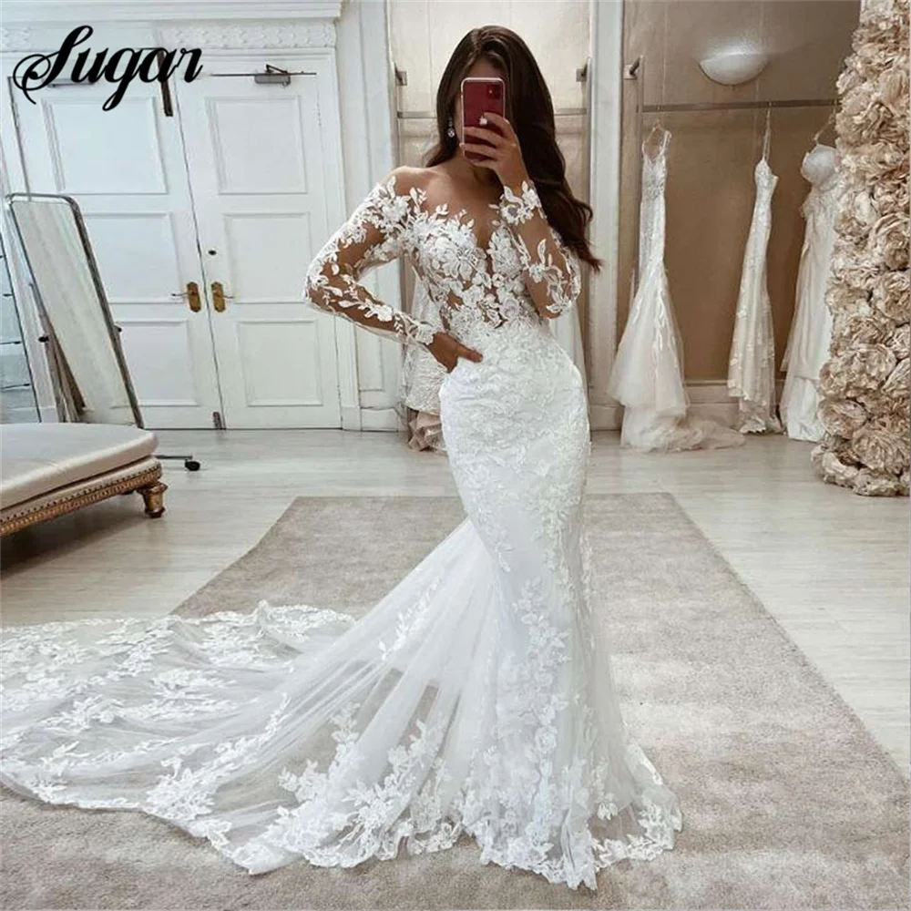 Boho Wedding Dresses Mermaid Lace Long Sleeves Wedding Gown Vintage White Ivory Custom Made Luxury Bridal Dress vestido novia