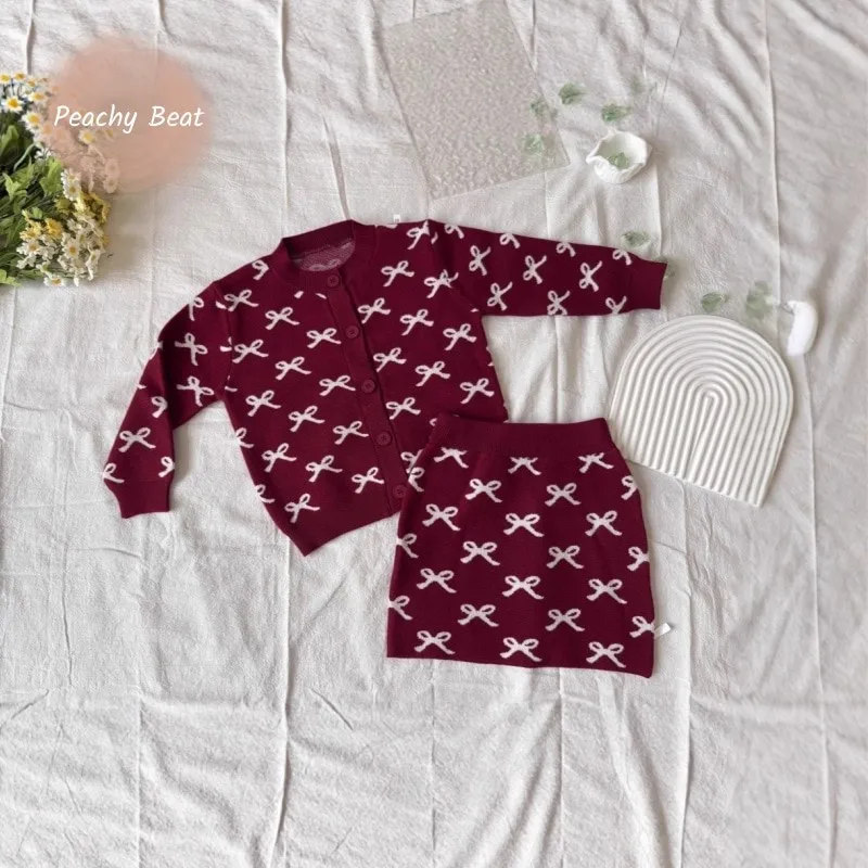 

Модный комплект одежды для маленьких девочек, кардиган с бантом и принтом + юбка, комплект из 2 предметов, свитер для малышей, трикотаж, одежда для малышей, От 18 месяцев до 10 лет