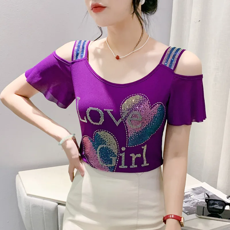 

Высококачественная женская футболка с блестящими сердечками и бриллиантами, одежда, шикарные сексуальные футболки с открытыми плечами, роскошная уличная одежда, тонкие топы для девочек