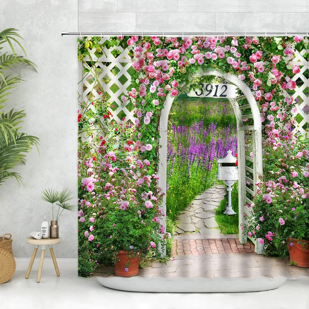 Garden Scenery Shower Curtain Set Flowers Plants Tree Butterfly Lawn Courtyard Design View Bathroom Decor Hanging Curtains Hooks