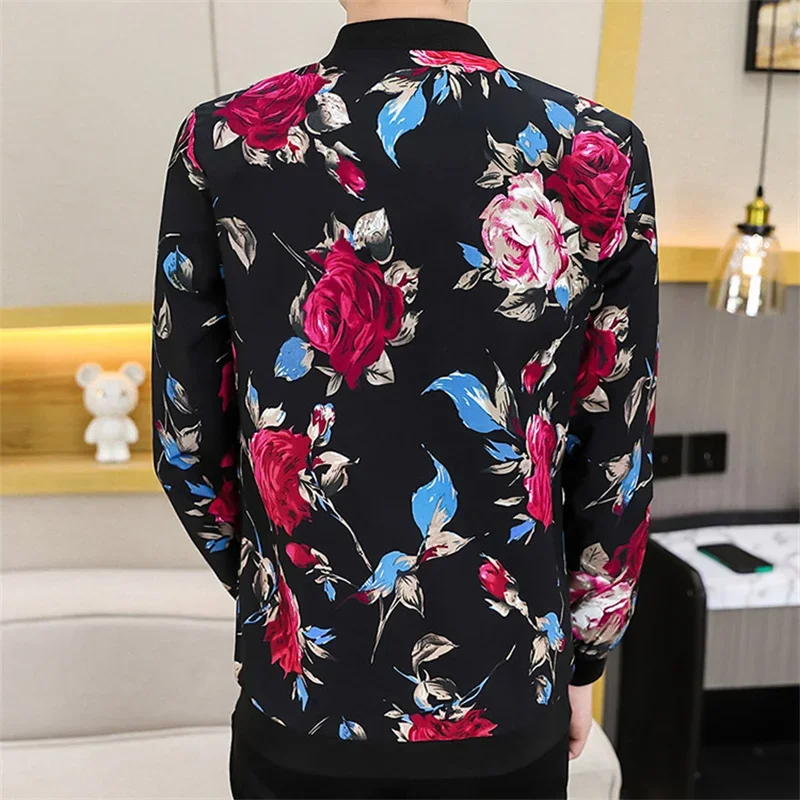 Black Men's Long-sleeved Printed Jacket, Baseball Neck Zipper Coat, Spring Rose Male Top Asian Size M-5XL 6XL