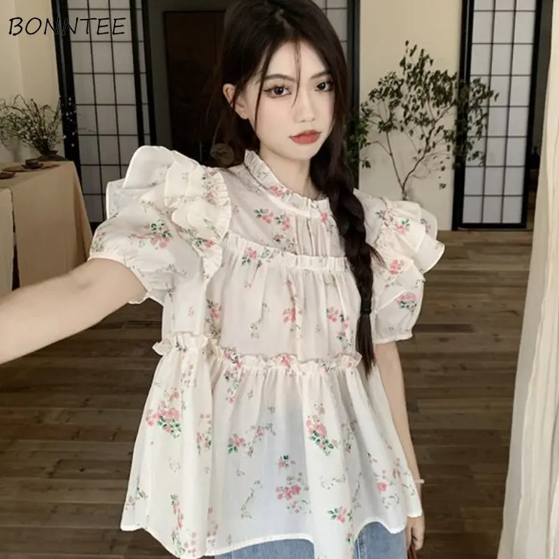 Princess Floral Blouses Women Graceful Ruffles Age-reducing Kawaii Summer Mori Girl Style Fashion New Korean Version Loose Tops