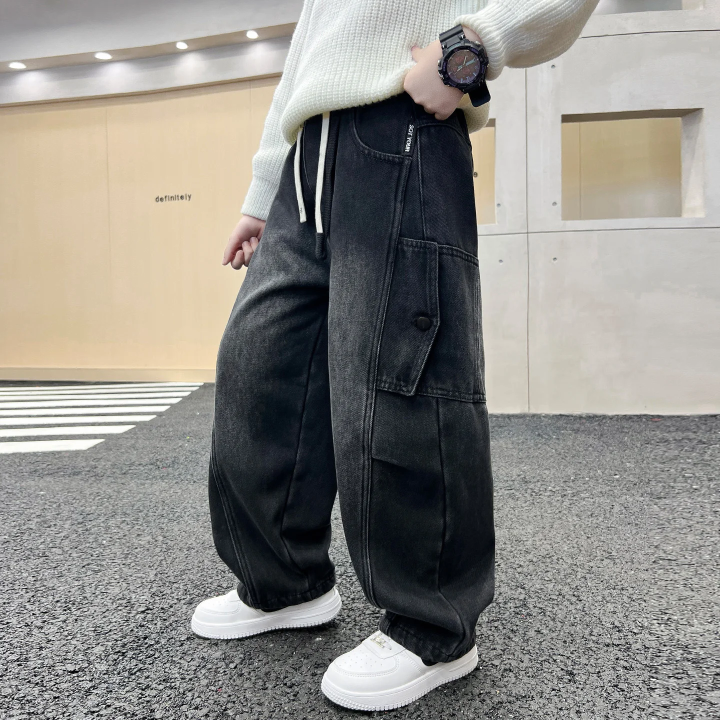 الصبي الأمريكي Y2K 2025 جديد فضفاض واسعة الساق الجينز الأسود المتضخم الصبي الشارع عادية جوكر الدنيم السراويل زوجين الجينز خمر القاع #5