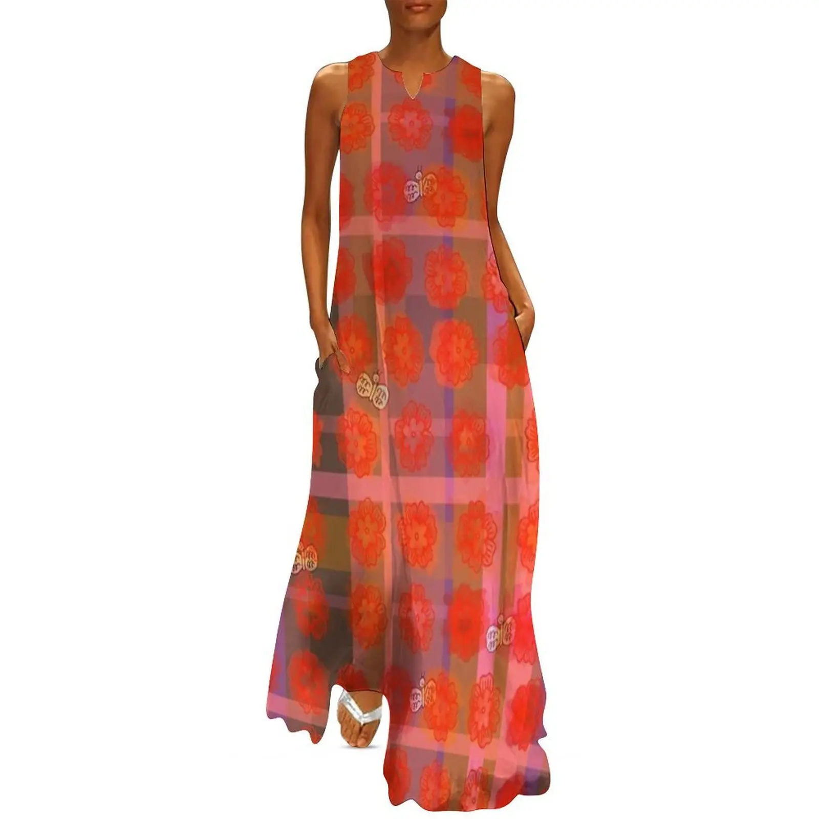 

Blossoms in Orange Red with Butterflies Long Dress dress women summer Female dress women's clothing summer 2025 novelties