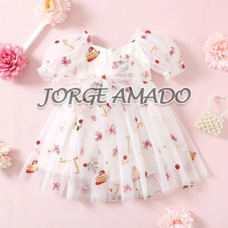 2024 Summer Sister Matching Outfits Strawberry Short Sleeves Bodysuit Birthday Princess Dress Twins Daughter Clothes H4358