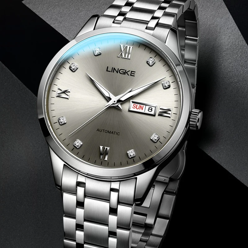 LINGKE Orologio da uomo meccanico originale di nuova moda Orologio da uomo automatico da lavoro con calendario luminoso impermeabile in acciaio inossidabile