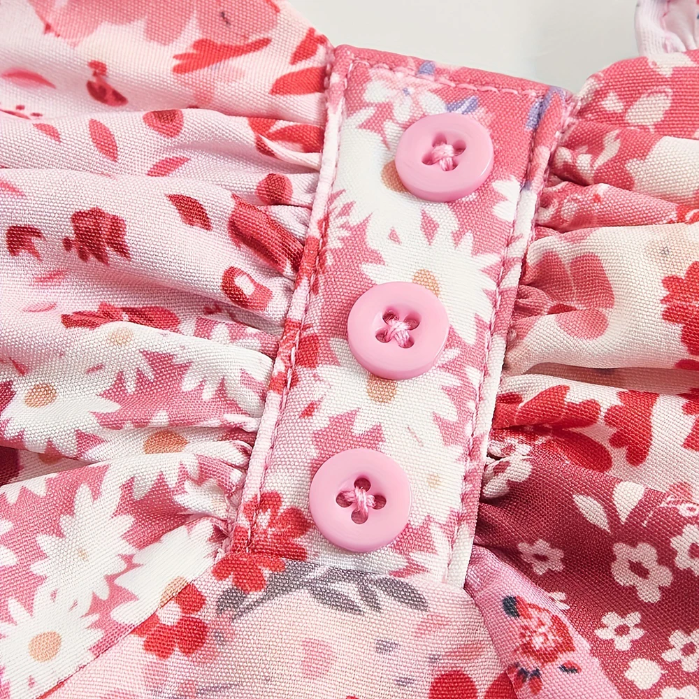 New Floral Suspender Cake Dress Women Summer Retro Pink Double-layer Hem Short Dresses High Waist A-line Slim fit Lace-up Frock
