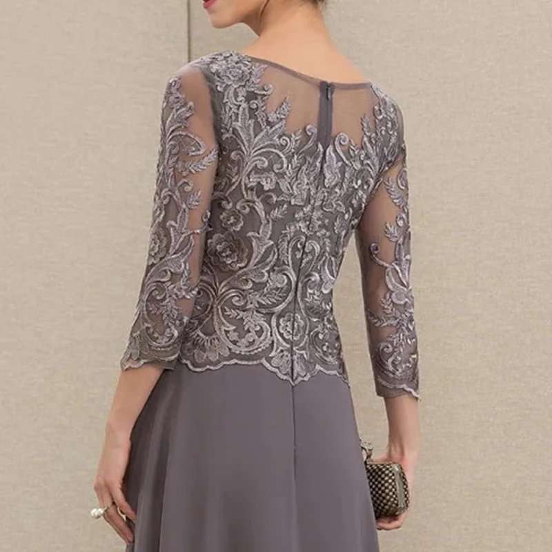 Robe de soirée grise pour femmes, avec décolleté bateau transparent, dentelle complexe brodée sur corsage, robe de bal, manches trois-quarts en dentelle