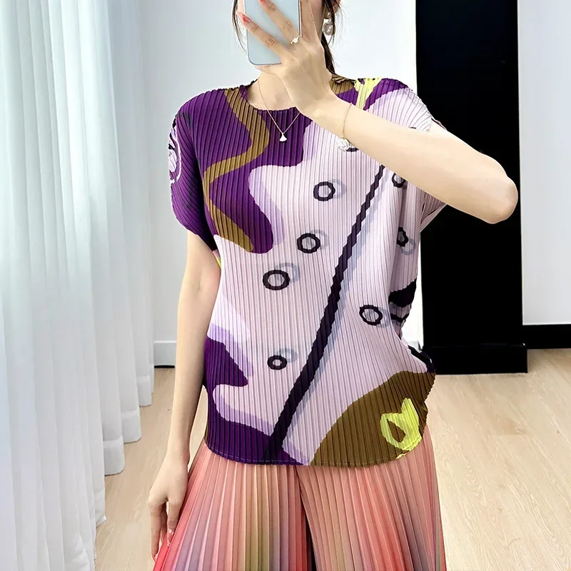 Miyake Pleated T-shirt Women 2024 Summer Versatile Printing Commuting Casual High-end Fashion Thin Section Short-sleeved Tops